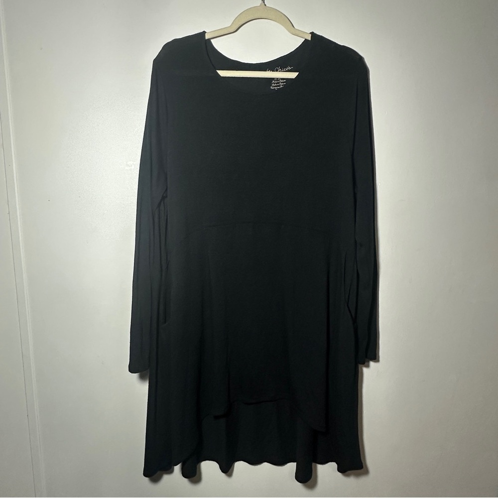 Chico's Black Round Neck Pockets Long Sleeve Dress Size 2